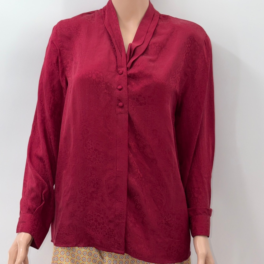 Anna Frank M Silk Jacquard Blouse Burgundy Vintage Quiet Luxe Old Money Romantic